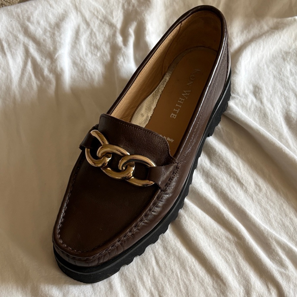 Dark Brown Leather Loafers with Gold Chain Detail
